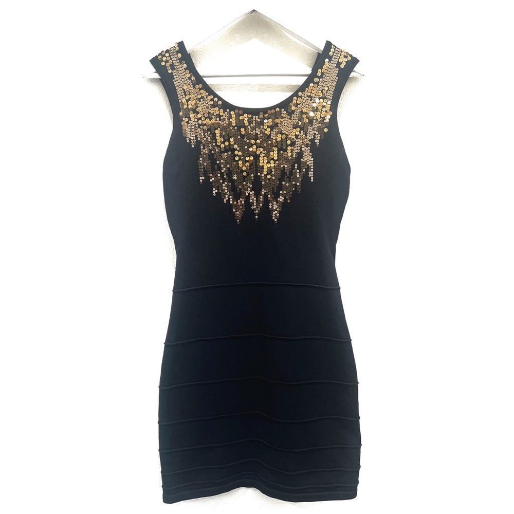 Y2K 2b Bebe Black Metallic Gold Sequin Bandage Sleeveless Cutout Back Slip - Picture 6 of 14